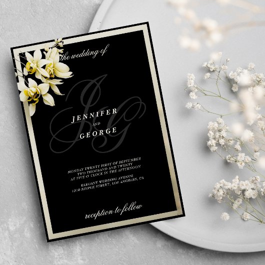 ブラックアイボリーモノグラムイニシャルオ結婚キッド 招待状