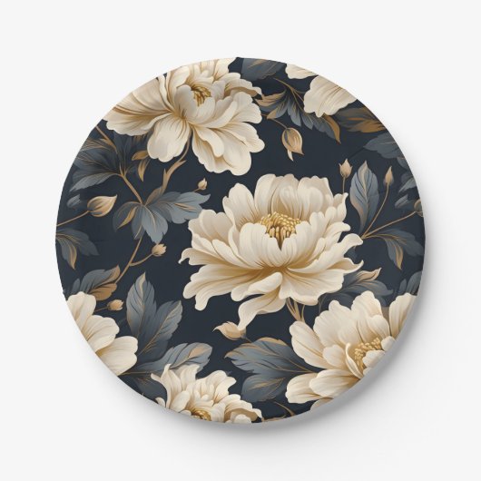 ブラックアイボリー フローラル パーソナライズド ペーパープレート (正面)