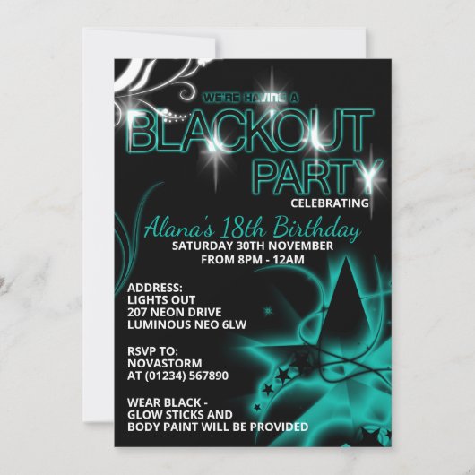 ブラックアウト紫外線バースデーパーティ招待状 招待状 (正面)