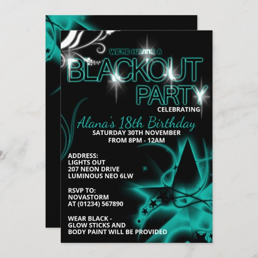 ブラックアウト紫外線バースデーパーティ招待状 招待状 (正面/裏面)