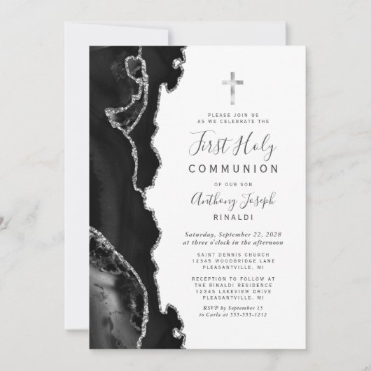 ブラックアガテシルバーグリッターファーストホーリーコミュニオン 招待状 (正面)