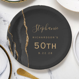 ブラックアガテマーブル金ゴールドダーク50誕生日 ペーパープレート