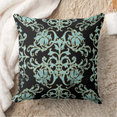 ブラックアクアティール（緑がかった色）金ゴールドダマスクピロー クッション (ブランケット)