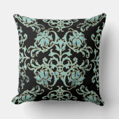 ブラックアクアティール（緑がかった色）金ゴールドダマスクピロー クッション (正面)