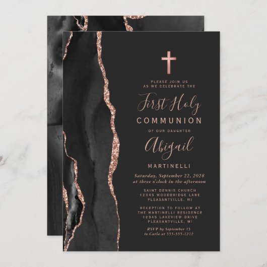 ブラックアゲートバラ金ゴールドグリッターファーストホーリーコミュニオン 招待状 (正面/裏面)