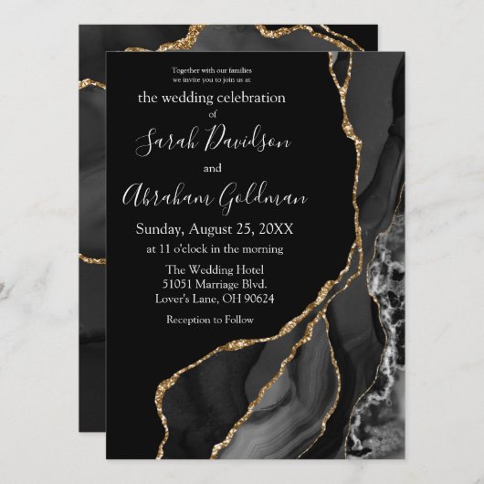 ブラックアゲート金ゴールドグリッターラグジュアリー結婚式招待状 招待状 (正面/裏面)