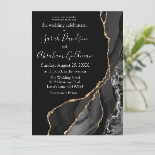 ブラックアゲート金ゴールドグリッターラグジュアリー結婚式招待状 招待状 (スタンド正面)