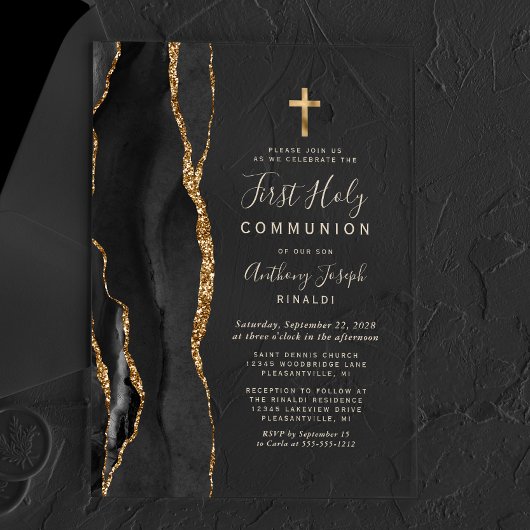 ブラックアゲート金ゴールド文字ファーストホーリーコミュニオン アクリル招待状