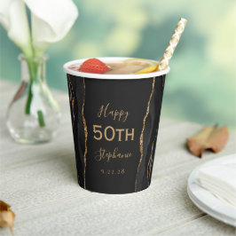 ブラックアゲート ゴールドグリッター ダーク 50歳の誕生日 紙コップ