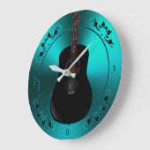 ブラックアコースティックギターティール（緑がかった色）音時計 ラージ壁時計 (傾斜)