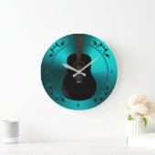 ブラックアコースティックギターティール（緑がかった色）音時計 ラージ壁時計 (ホーム)