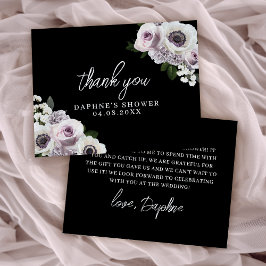 ブラックアネモネとパープルのフラワーブライダルシャワー フラット サンキューカード