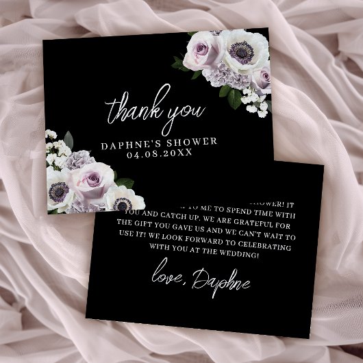ブラックアネモネとパープルの花のブライダルシャワーフラット サンキューカード