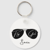 ブラックアビエーターサングラスに'Fly Girl'スクリプト,おもしろい キーホルダー (正面)