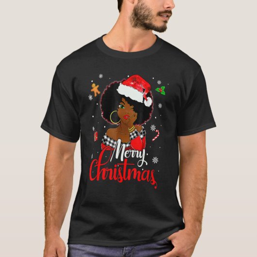 ブラックアフリカガールアメリカンメラニンクリスマスサン Tシャツ (正面)