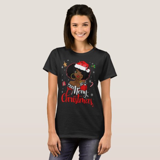 ブラックアフリカガールアメリカンメラニンクリスマス Tシャツ (正面フル)