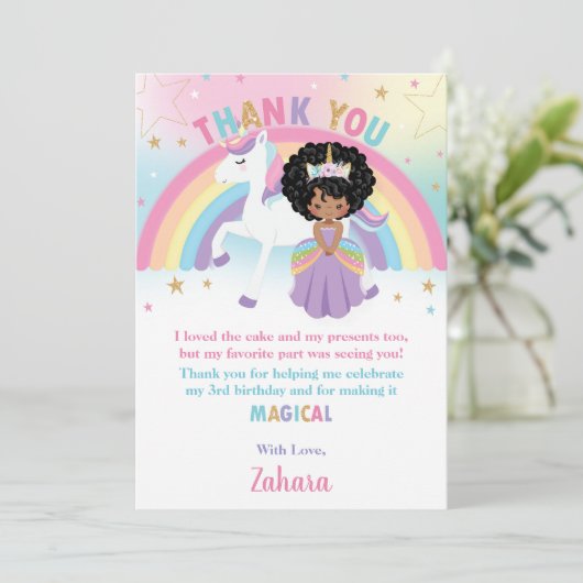 ブラックアフリカプリンセスレインボーユニコーン誕生日 サンキューカード (スタンド正面)