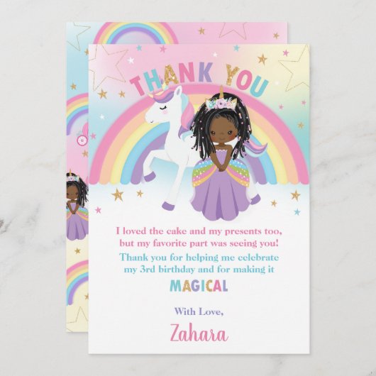 ブラックアフリカプリンセスレインボーユニコーン誕生日 サンキューカード (正面/裏面)