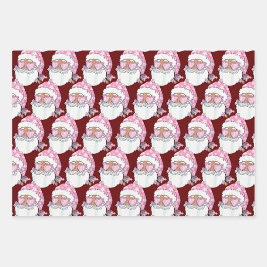 ブラックアフリカンサンタ顔ピンククリスマス ラッピングペーパーシート (正面)