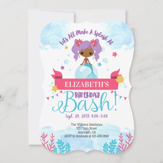 ブラックアフリカンマーメイド誕生日招待状 招待状 (正面)