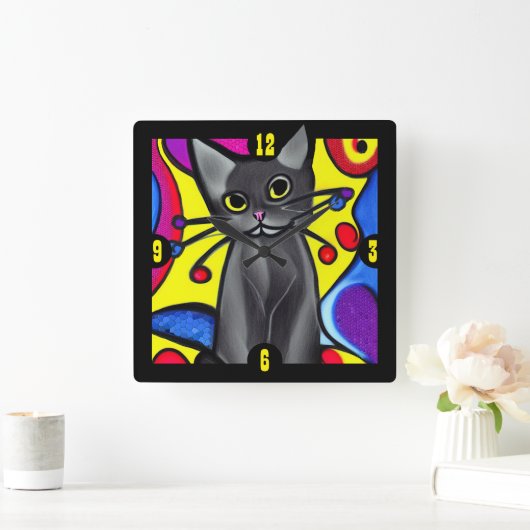ブラックアポップ・アートのートキャット スクエア壁時計 (ホーム)