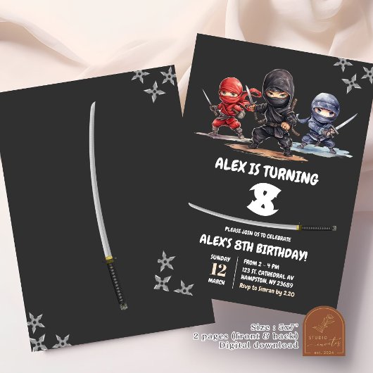 ブラックアメリカン忍者誕生日ボーイ 招待状