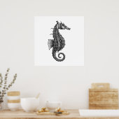 ブラックアンティークシーホース科学イラストレーション ポスター (キッチン)
