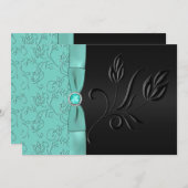 ブラックアンドアクアフローラ，宝石結婚式招待状 招待状 (正面/裏面)
