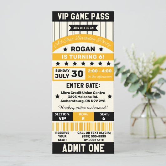 ブラックアンドイエロースポーツチームチケット誕生日パーティー 招待状 (スタンド正面)