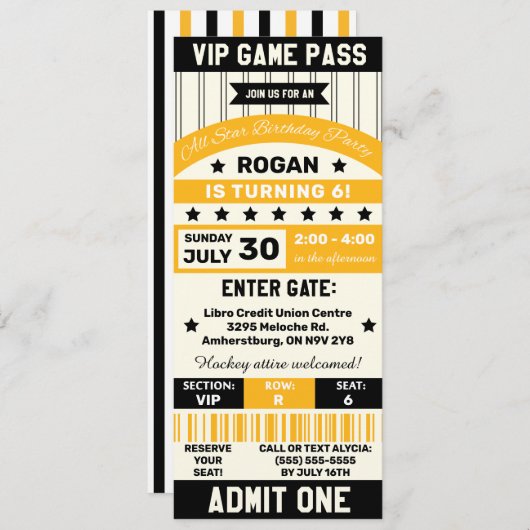 ブラックアンドイエロースポーツチームチケット誕生日パーティー 招待状 (正面/裏面)