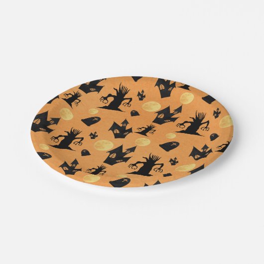 ブラックアンドオレンジハウス幽霊のよく出るハロウィーン ペーパープレート (アングル)