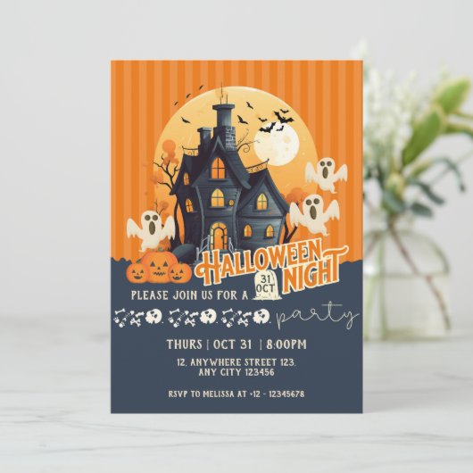 ブラックアンドオレンジハモダンウス幽霊のよく出るハロウィーン 招待状 (スタンド正面)