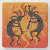 ブラックアンドオレンジ南西ココペリ部族の太陽 ストーンコースター (正面)