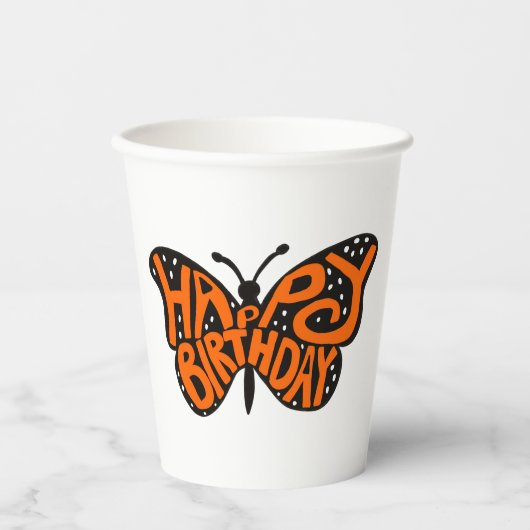 ブラックアンドオレンジ(昆虫)オオカバマダラ、モナークバタフライハッピーバースデー 紙コップ (正面)