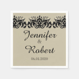 ブラックアンドクリームフローラエンボス結婚ズナプキン スタンダードカクテルナプキン