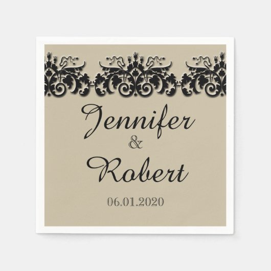 ブラックアンドクリームフローラエンボス結婚ズナプキン スタンダードカクテルナプキン (正面)