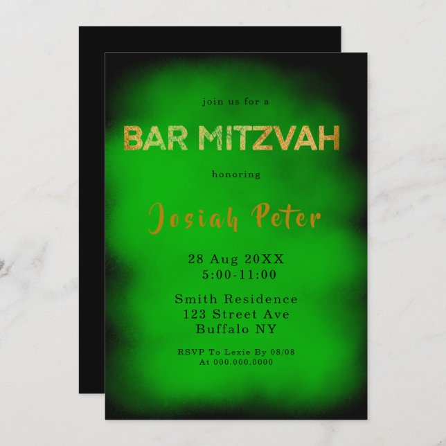 ブラックアンドグリーンスモークバー（ユダヤ教の）バル・ミツバー招待状 (正面/裏面)