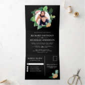 ブラックアンドグリーン葉パームリースフォト結婚ズ 三つ折り招待状 (内部)