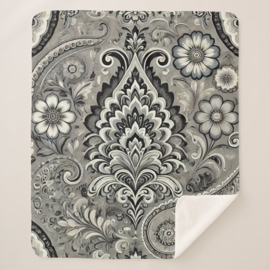 ブラックアンドグレーフローラペイズリーエレガンス シェルパブランケット (正面)