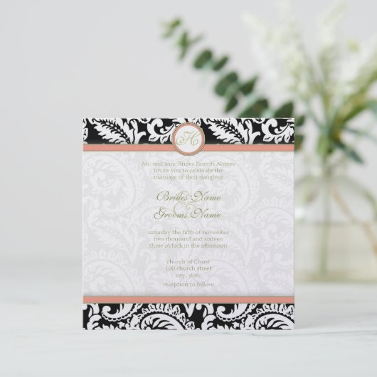 ブラックアンドコーラルダマスコウェディング招待状 招待状 (スタンド正面)