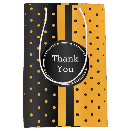 ブラックアンドゴールデンイエロー水玉模様-ありがとう ミディアムペーパーバッグ (正面)
