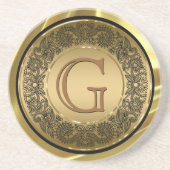 ブラックアンドゴールドサークルフローラデザインモノグラーム コースター (正面)