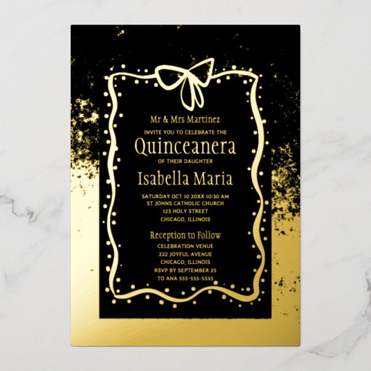 ブラックアンドゴールドフォイルキンセアニラ招待状ボウ 箔シーズンカード (正面)