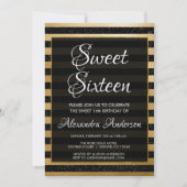 ブラックアンドゴールドフォイルストライプ誕生日スウィート16 招待状 (正面)