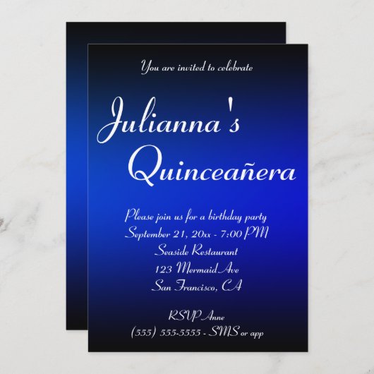 ブラックアンドサファイアブルーキンセグラデーションニェラ誕生日 招待状 (正面/裏面)