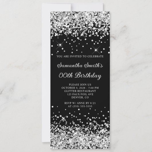 ブラックアンドシルバーグリッターエイジ誕生日 招待状 (正面)