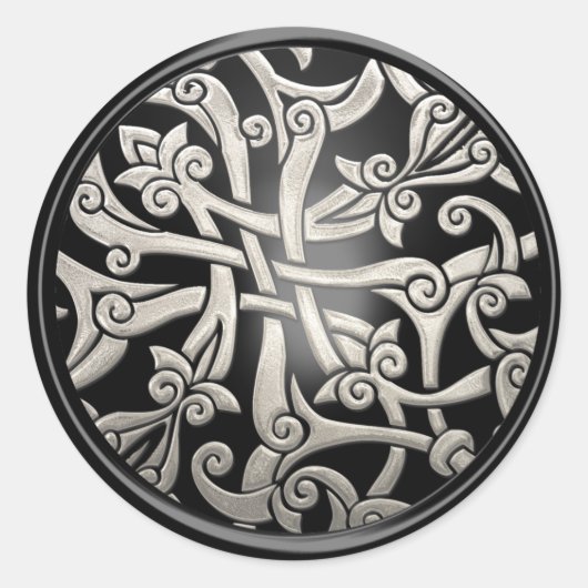 ブラックアンドシルバーセルティックダマスク封筒用シール ラウンドシール (正面)