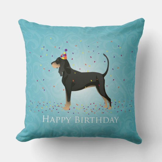 ブラックアンドタンコンハウンドハッピーバースデーデザイン クッション (正面)