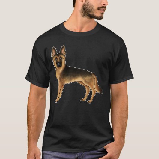 ブラックアンドタンジャーマンシェパード かわいいGSD犬のイラストデザイン Tシャツ (正面)