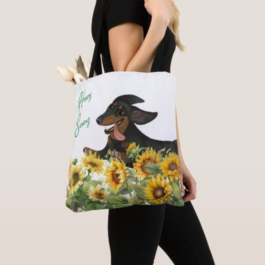 ブラックアンドタンダックスハンドのひまわりトートバッグ トートバッグ (クローズアップ)